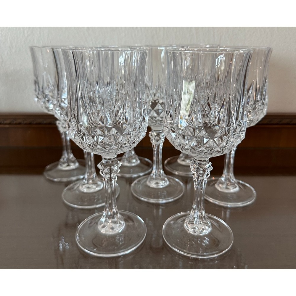 Set of 8 Vintage Cristal D'Arques Longchamp Water Wine Goblets Glasses 7 1/4"